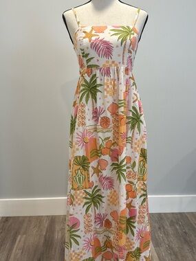 Japna Tropical Palm & Shell Maxi Dress - Pink, Green & Peach